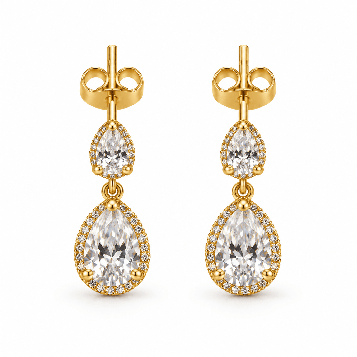 Clear double-drop earrings in a warm-tone setting